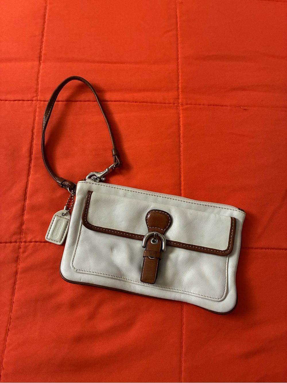 Coach White Leather Wristlet Clutch Brown Trim Buckle Detail